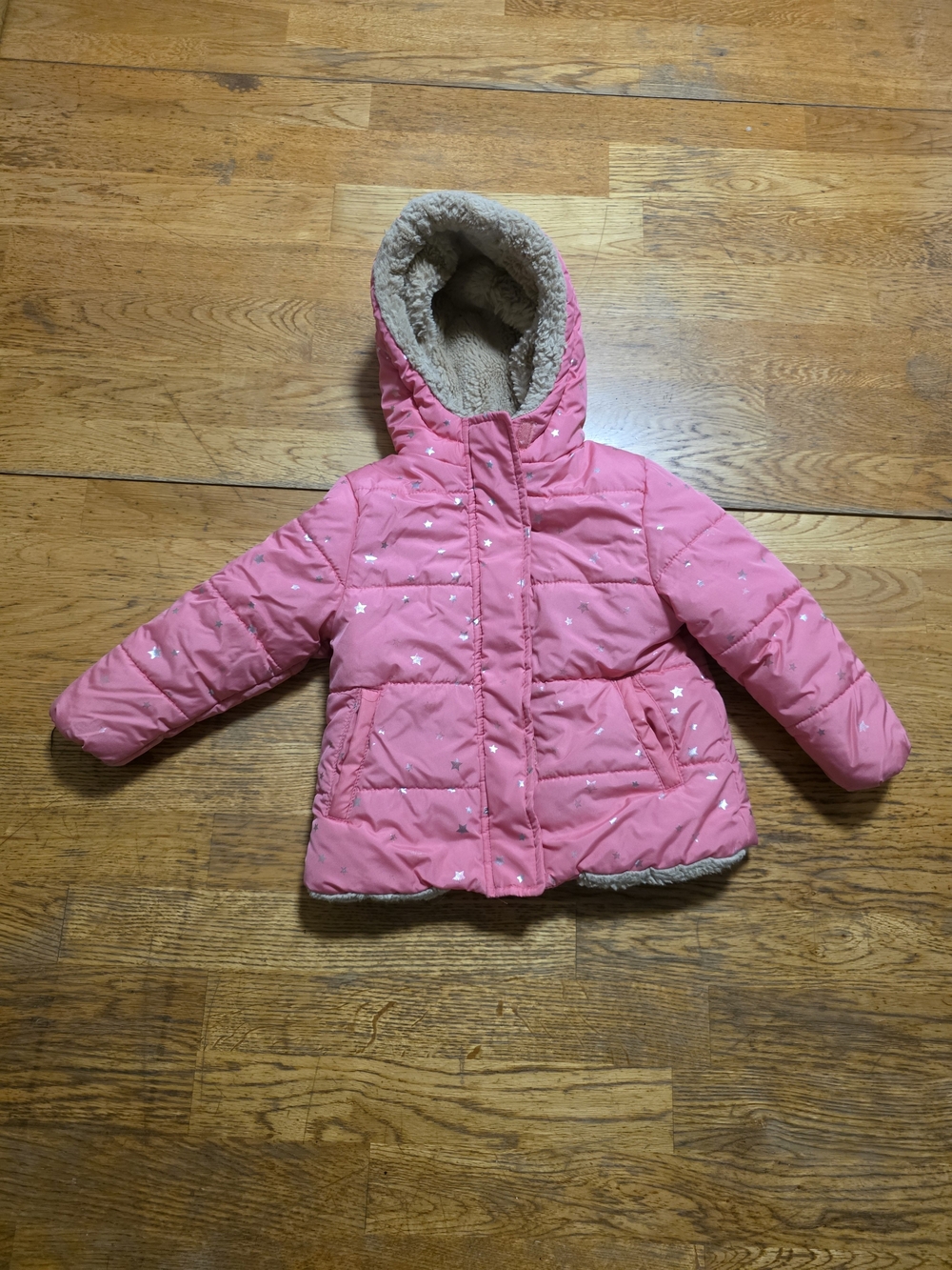 Falls Creek Kids Pink Quilted Hooded Jacket with Star Print Faux Fur Lined
